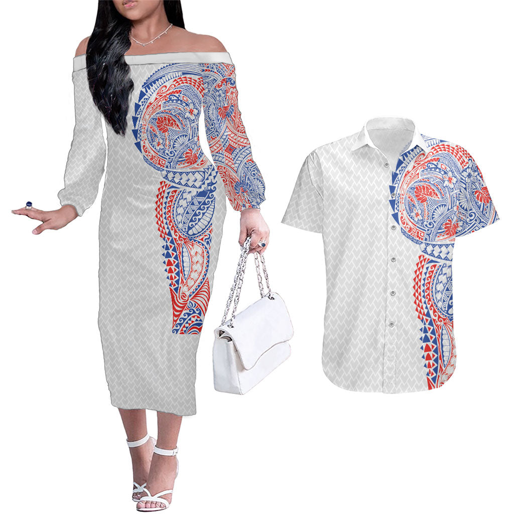 Hawaiian Traditional Tattoos Couples Matching Off The Shoulder Long Sleeve Dress and Hawaiian Shirt Kakau Tribal Tropical Plant Motif Hawaii Flag Color Inspired