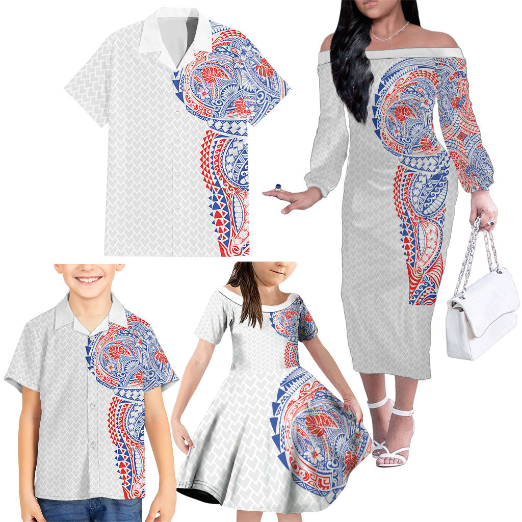 Hawaiian Traditional Tattoos Family Matching Off The Shoulder Long Sleeve Dress and Hawaiian Shirt Kakau Tribal Tropical Plant Motif Hawaii Flag Color Inspired