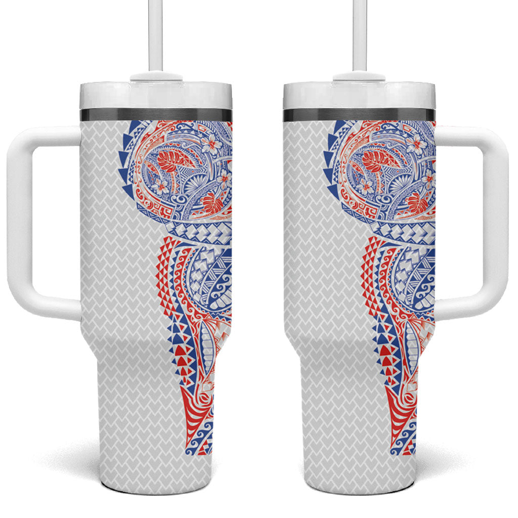 Hawaiian Traditional Tattoos Tumbler With Handle Kakau Tribal Tropical Plant Motif Hawaii Flag Color Inspired
