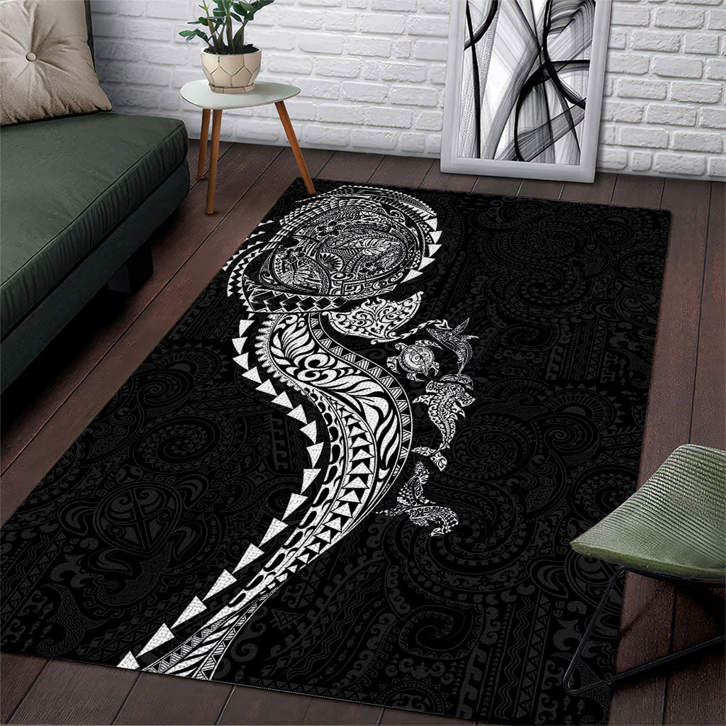 Hawaiian Kakau Tribal Sea Animals Tattoos Area Rug Black Color