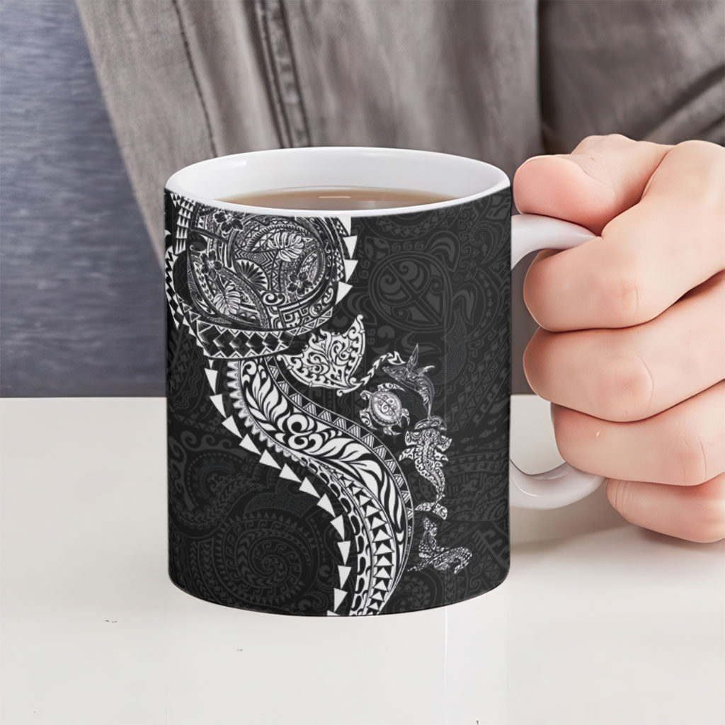 Hawaiian Kakau Tribal Sea Animals Tattoos Ceramic Mug Black Color