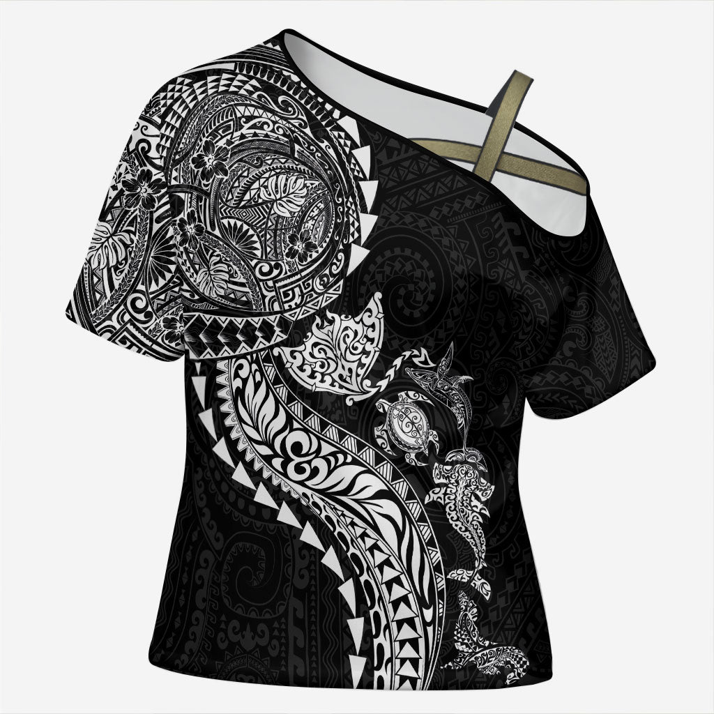 Hawaiian Kakau Tribal Sea Animals Tattoos Cross Shoulder Shirt Black Color LT03 Female Black - Polynesian Pride