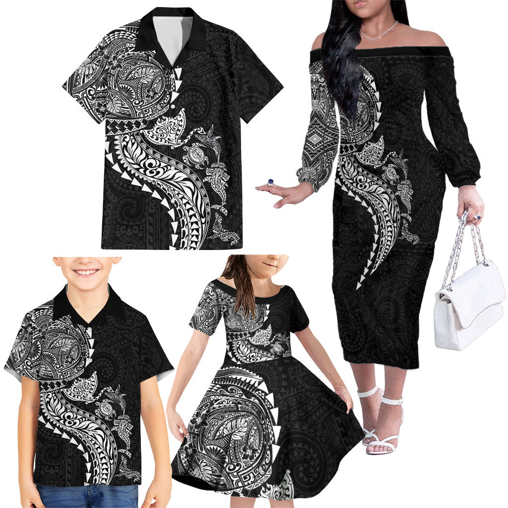 Hawaiian Kakau Tribal Sea Animals Tattoos Family Matching Off The Shoulder Long Sleeve Dress and Hawaiian Shirt Black Color