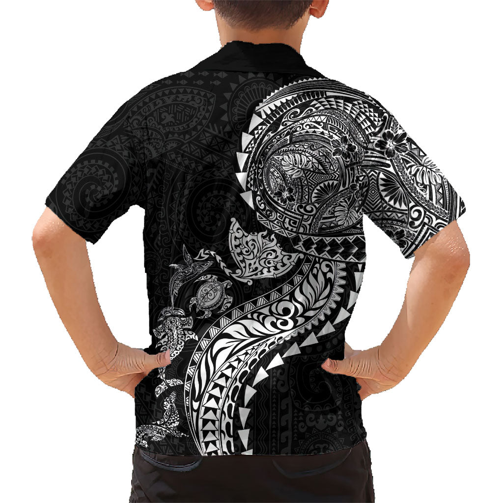Hawaiian Kakau Tribal Sea Animals Tattoos Family Matching Off Shoulder Maxi Dress and Hawaiian Shirt Black Color LT03 - Polynesian Pride