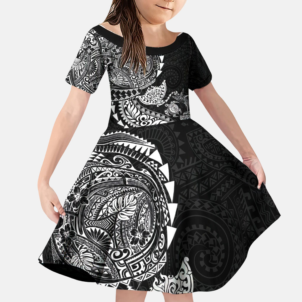 Hawaiian Kakau Tribal Sea Animals Tattoos Family Matching Off Shoulder Maxi Dress and Hawaiian Shirt Black Color LT03 Daughter's Dress Black - Polynesian Pride