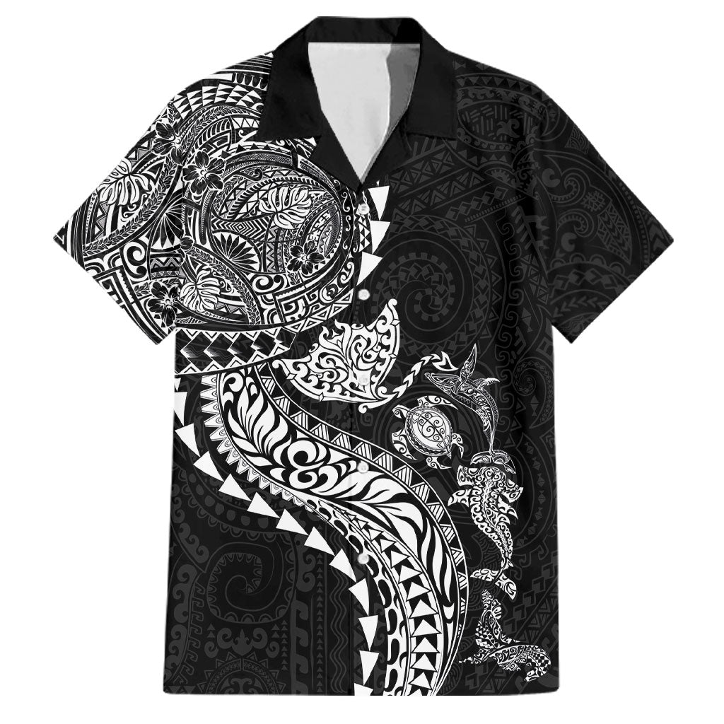 Hawaiian Kakau Tribal Sea Animals Tattoos Family Matching Off Shoulder Maxi Dress and Hawaiian Shirt Black Color LT03 Dad's Shirt - Short Sleeve Black - Polynesian Pride