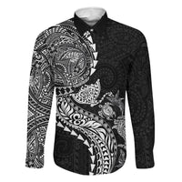 Hawaiian Kakau Tribal Sea Animals Tattoos Family Matching Off Shoulder Maxi Dress and Hawaiian Shirt Black Color LT03 Dad's Shirt - Long Sleeve Black - Polynesian Pride