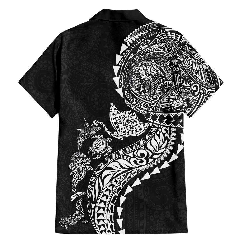 Hawaiian Kakau Tribal Sea Animals Tattoos Family Matching Off Shoulder Short Dress and Hawaiian Shirt Black Color LT03 - Polynesian Pride