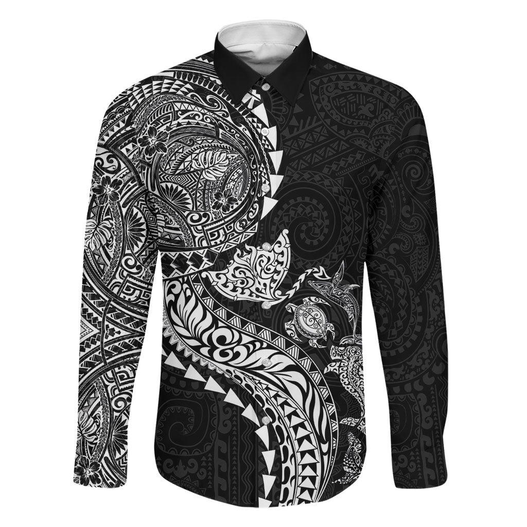 Hawaiian Kakau Tribal Sea Animals Tattoos Family Matching Summer Maxi Dress and Hawaiian Shirt Black Color LT03 Dad's Shirt - Long Sleeve Black - Polynesian Pride
