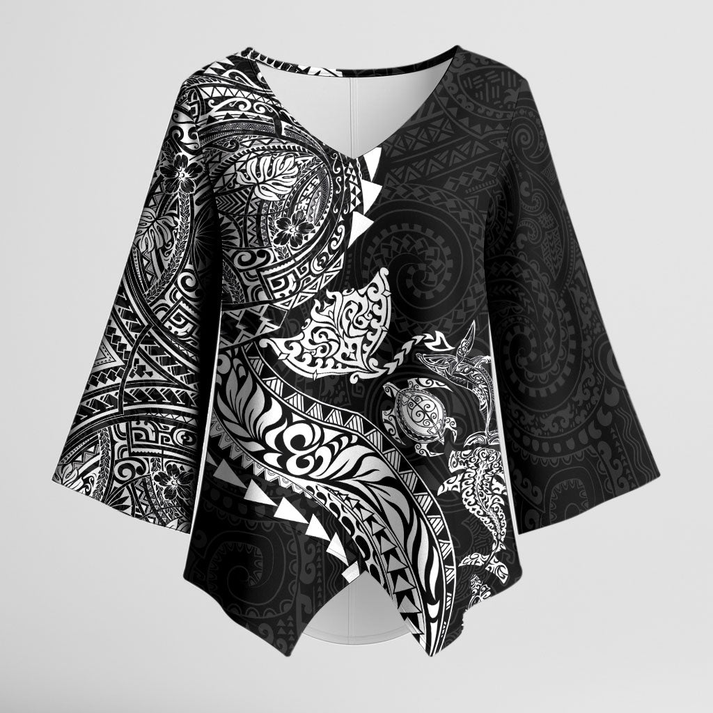 Hawaiian Kakau Tribal Sea Animals Tattoos Kimono Sleeve Blouse Black Color LT03 Female Black - Polynesian Pride