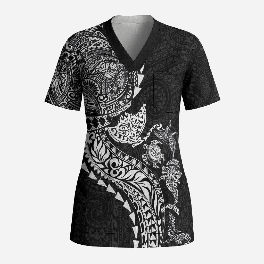 Hawaiian Kakau Tribal Sea Animals Tattoos Scrub Top Black Color LT03 Adult Black - Polynesian Pride