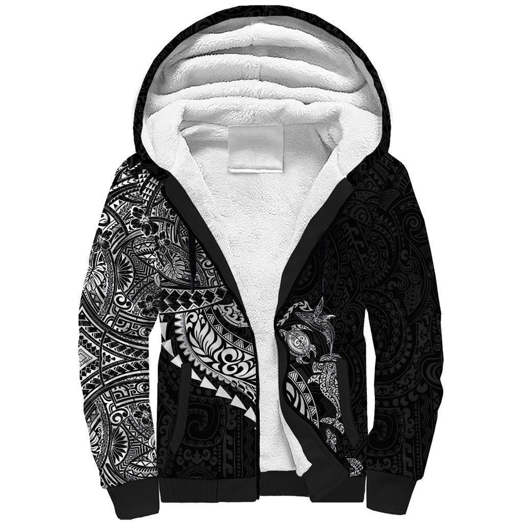 Hawaiian Kakau Tribal Sea Animals Tattoos Sherpa Hoodie Black Color