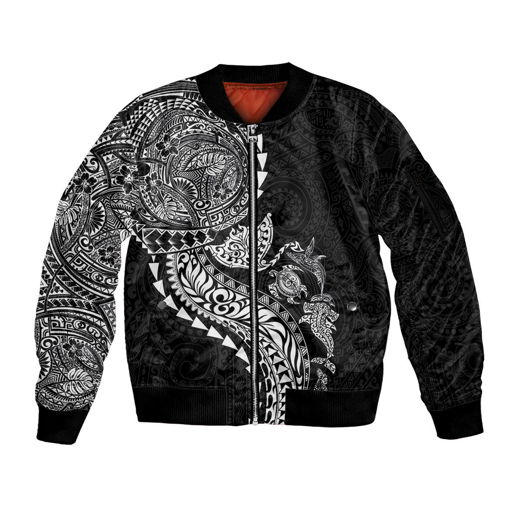 Hawaiian Kakau Tribal Sea Animals Tattoos Sleeve Zip Bomber Jacket Black Color LT03 Unisex Black - Polynesian Pride