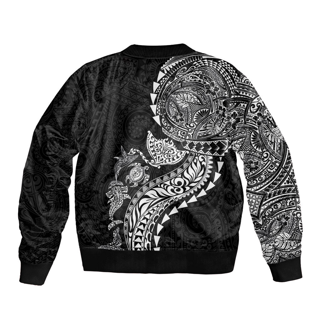 Hawaiian Kakau Tribal Sea Animals Tattoos Sleeve Zip Bomber Jacket Black Color LT03 - Polynesian Pride