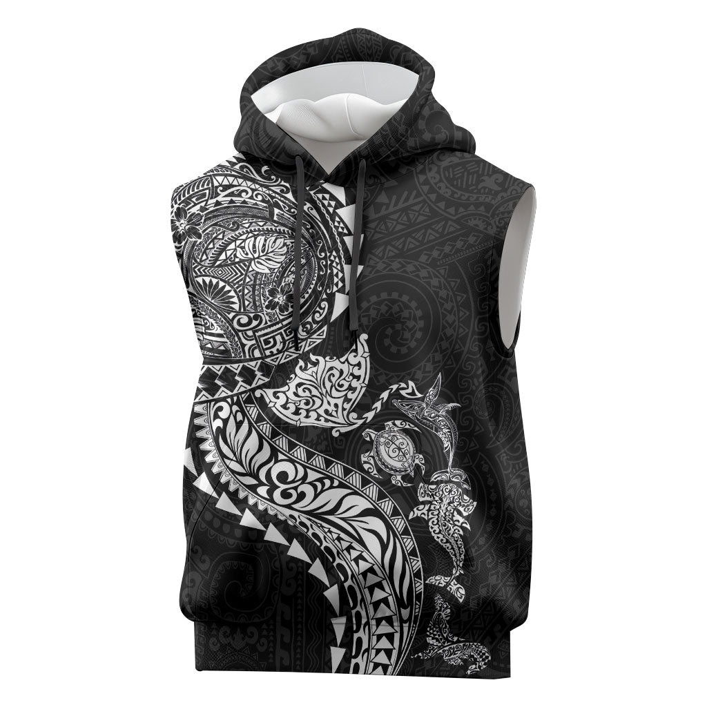 Hawaiian Kakau Tribal Sea Animals Tattoos Sleeveless Hoodie Black Color LT03 Black - Polynesian Pride
