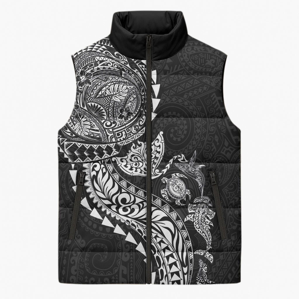 Hawaiian Kakau Tribal Sea Animals Tattoos Sleeveless Puffer Jacket Black Color LT03 Unisex Black - Polynesian Pride