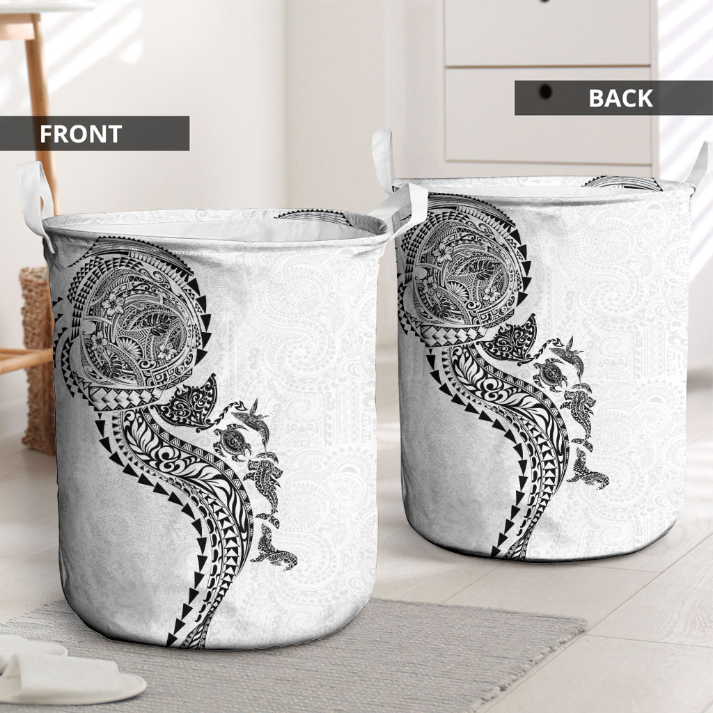Hawaiian Kakau Tribal Sea Animals Tattoos Laundry Basket White Color