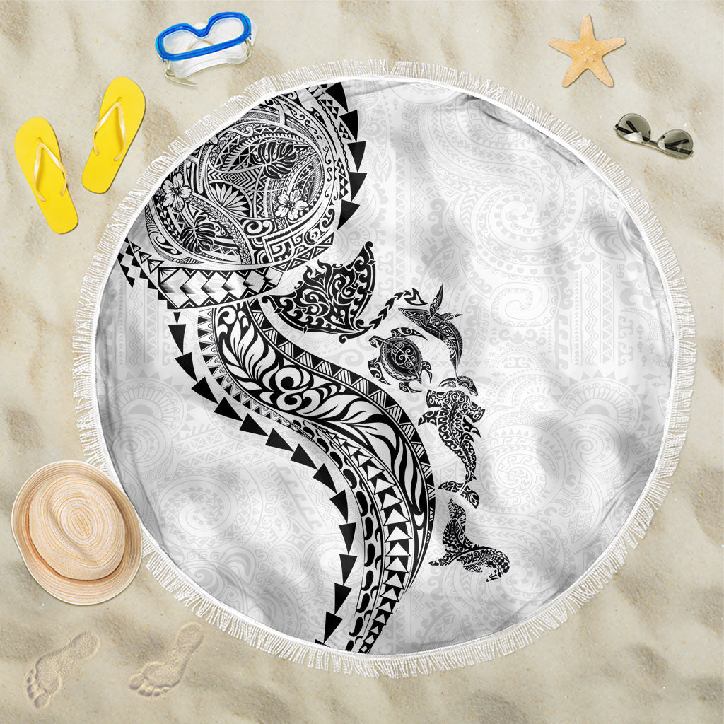 Hawaiian Kakau Tribal Sea Animals Tattoos Beach Blanket White Color