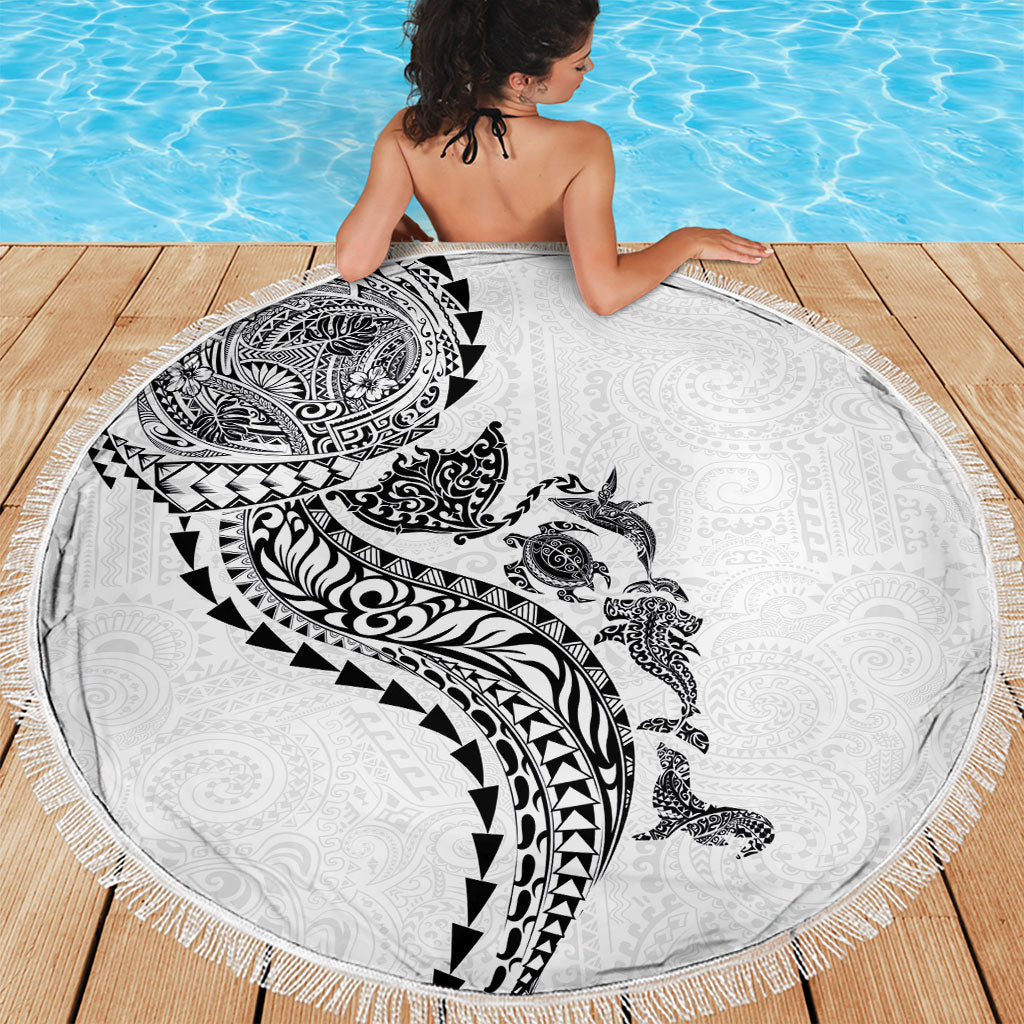 Hawaiian Kakau Tribal Sea Animals Tattoos Beach Blanket White Color