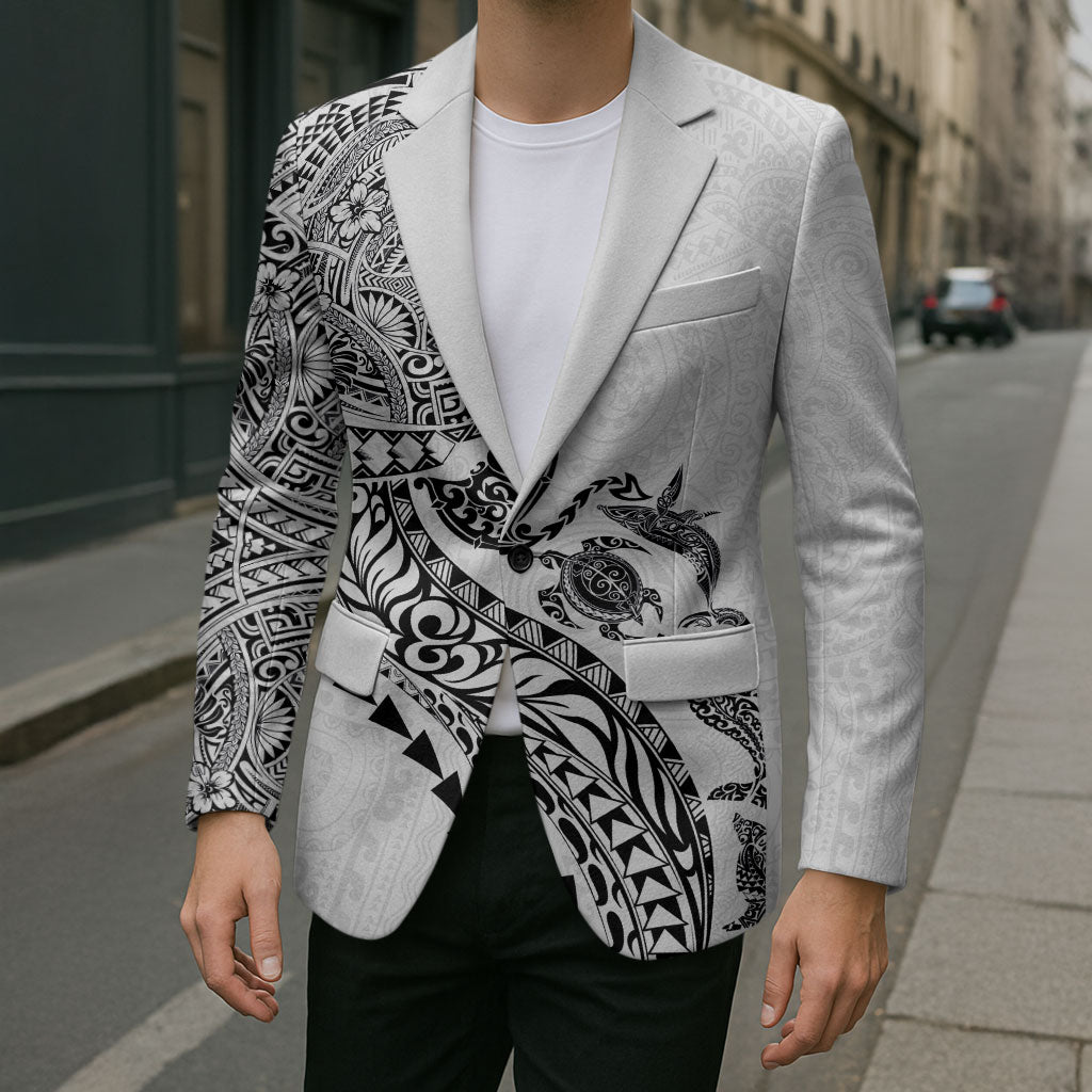 Hawaiian Kakau Tribal Sea Animals Tattoos Blazer White Color
