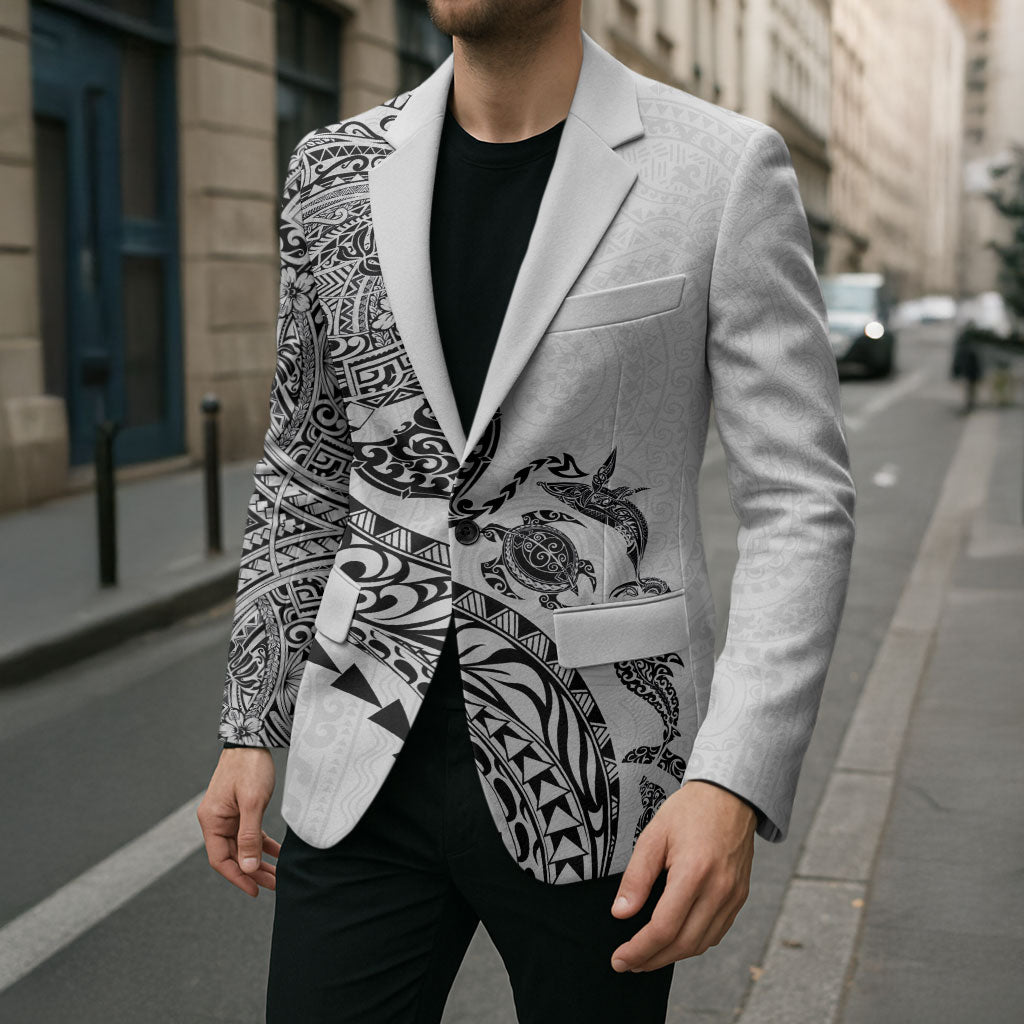 Hawaiian Kakau Tribal Sea Animals Tattoos Blazer White Color