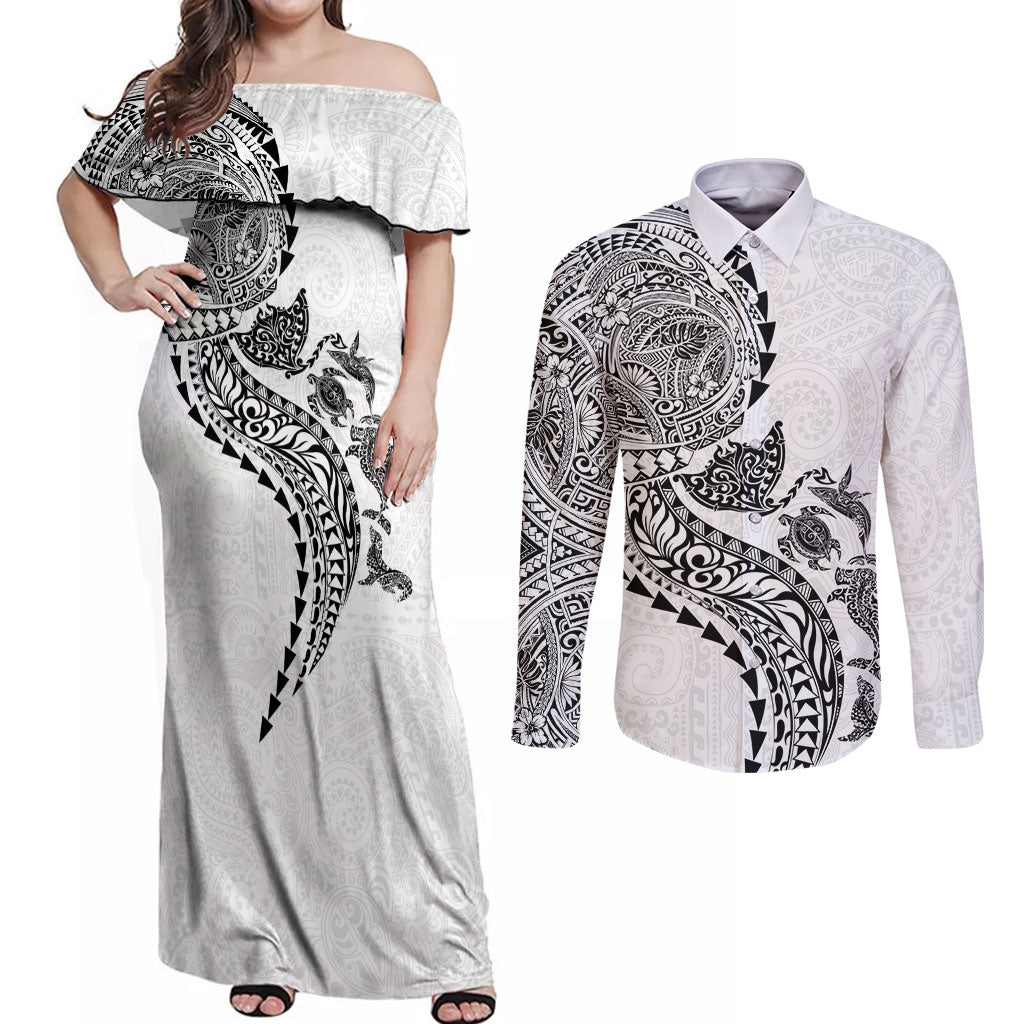 Hawaiian Kakau Tribal Sea Animals Tattoos Couples Matching Off Shoulder Maxi Dress and Long Sleeve Button Shirt White Color LT03 White - Polynesian Pride