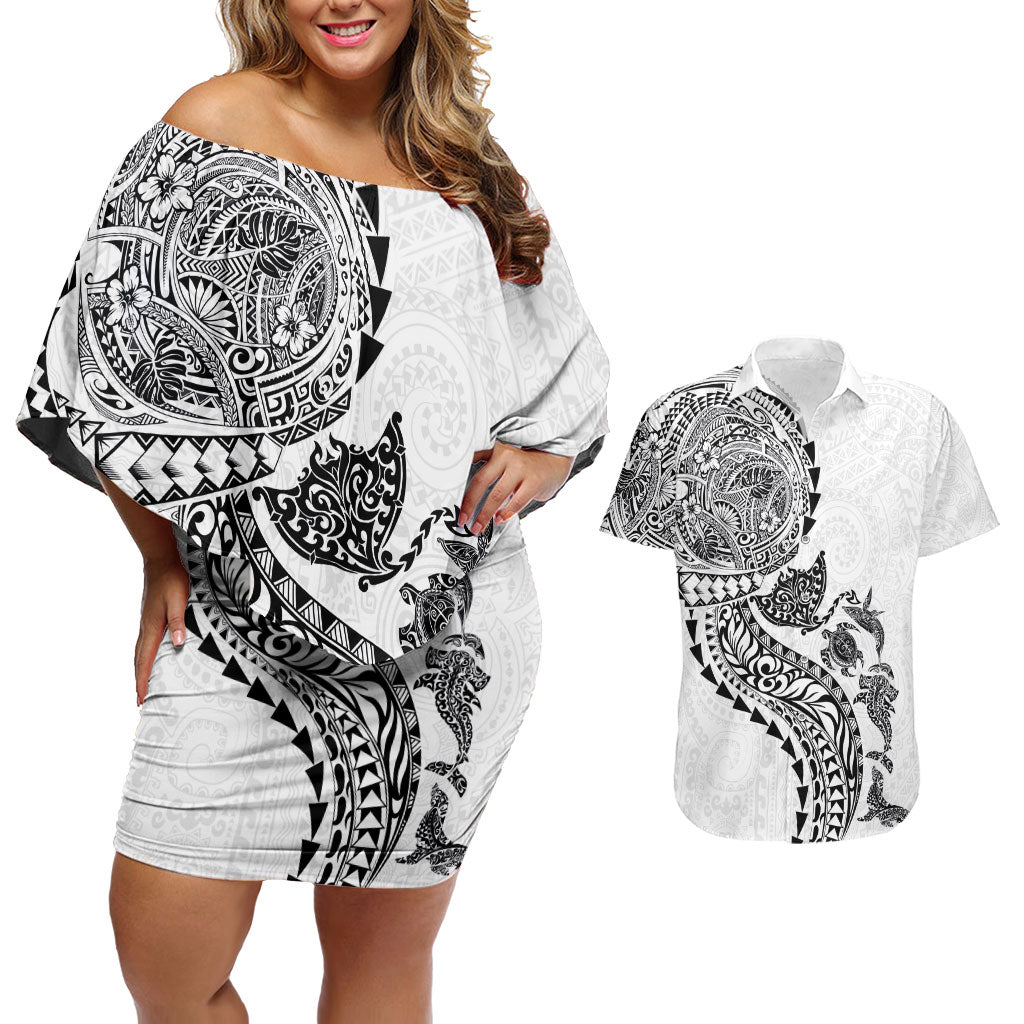 Hawaiian Kakau Tribal Sea Animals Tattoos Couples Matching Off Shoulder Short Dress and Hawaiian Shirt White Color LT03 White - Polynesian Pride