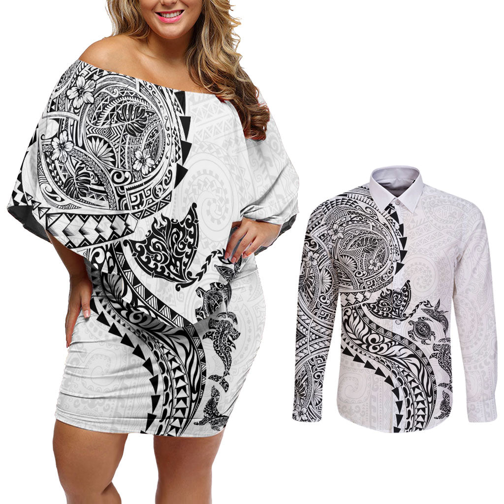 Hawaiian Kakau Tribal Sea Animals Tattoos Couples Matching Off Shoulder Short Dress and Long Sleeve Button Shirt White Color LT03 White - Polynesian Pride