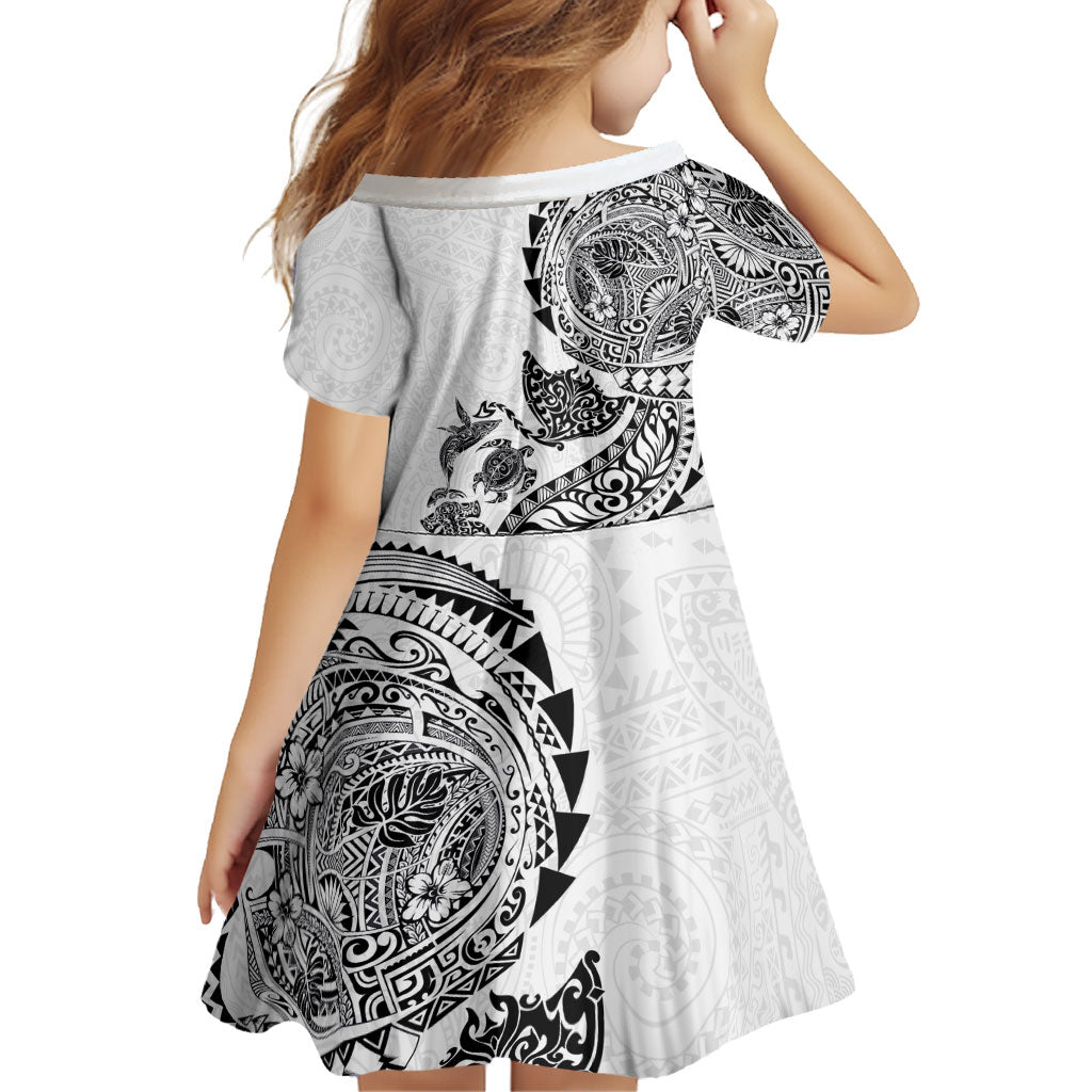 Hawaiian Kakau Tribal Sea Animals Tattoos Family Matching Off The Shoulder Long Sleeve Dress and Hawaiian Shirt White Color LT03 - Polynesian Pride
