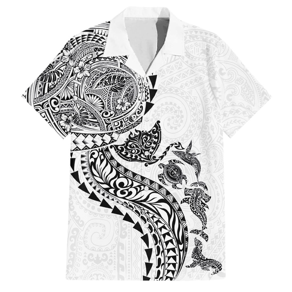 Hawaiian Kakau Tribal Sea Animals Tattoos Family Matching Off Shoulder Maxi Dress and Hawaiian Shirt White Color LT03 Dad's Shirt - Short Sleeve White - Polynesian Pride