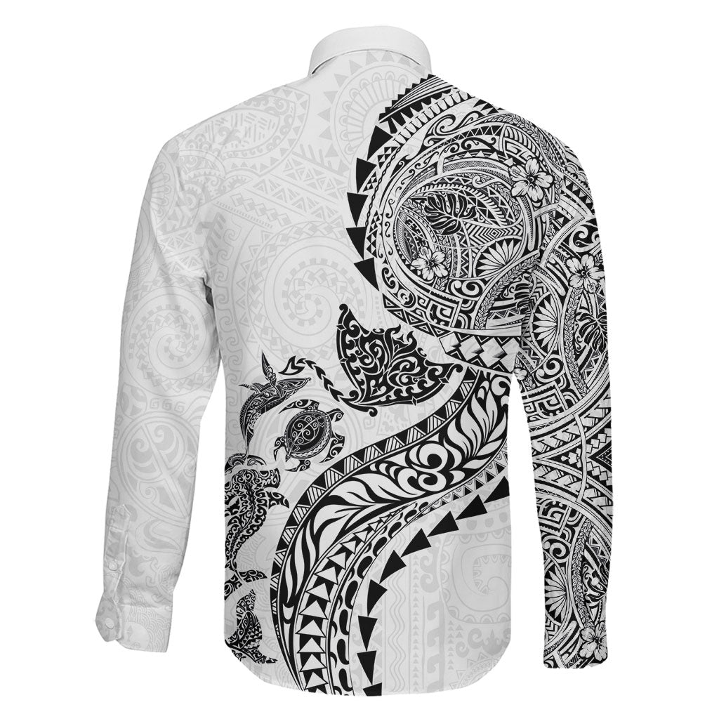 Hawaiian Kakau Tribal Sea Animals Tattoos Family Matching Off Shoulder Maxi Dress and Hawaiian Shirt White Color LT03 - Polynesian Pride