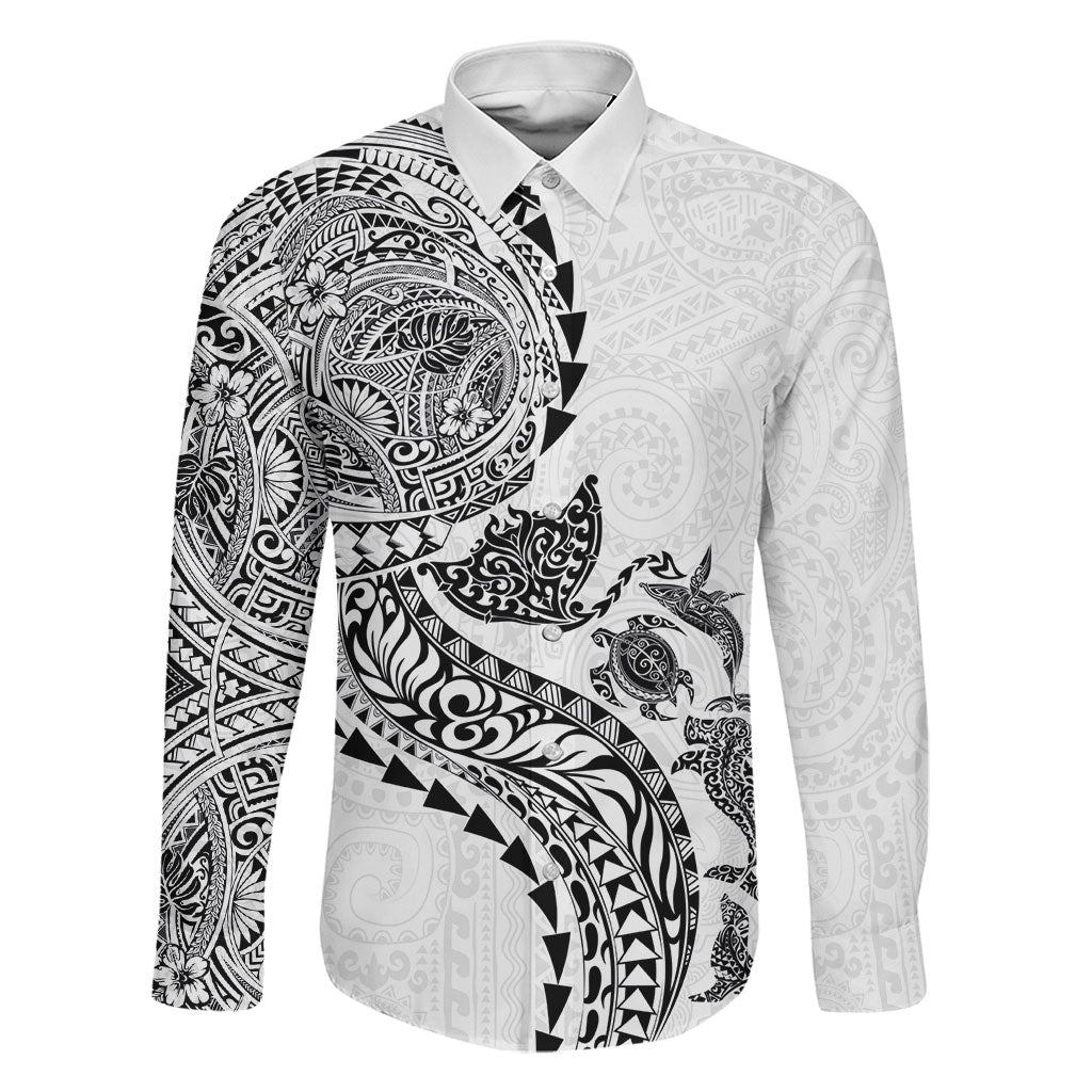 Hawaiian Kakau Tribal Sea Animals Tattoos Family Matching Off Shoulder Short Dress and Hawaiian Shirt White Color LT03 Dad's Shirt - Long Sleeve White - Polynesian Pride