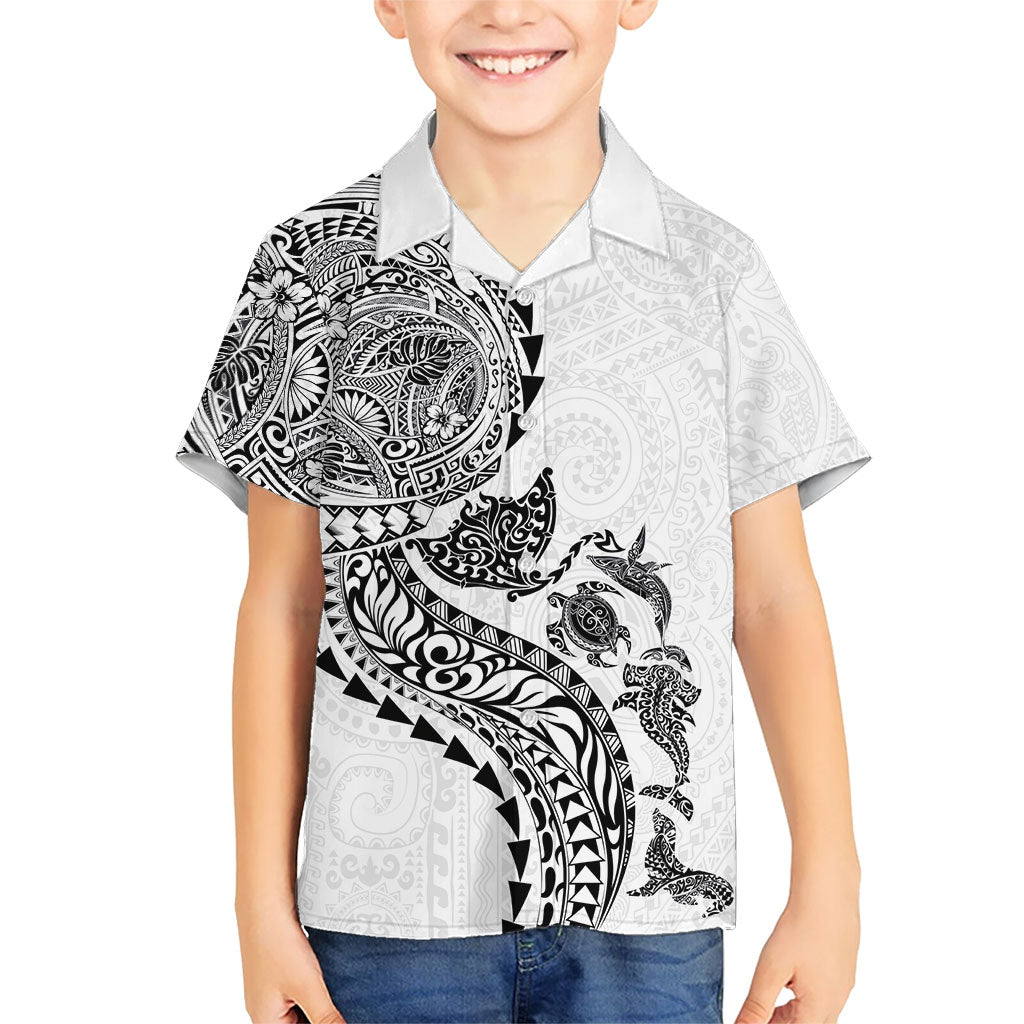 Hawaiian Kakau Tribal Sea Animals Tattoos Family Matching Off Shoulder Short Dress and Hawaiian Shirt White Color LT03 Son's Shirt White - Polynesian Pride