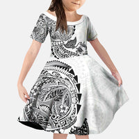Hawaiian Kakau Tribal Sea Animals Tattoos Family Matching Short Sleeve Bodycon Dress and Hawaiian Shirt White Color LT03 Daughter's Dress White - Polynesian Pride