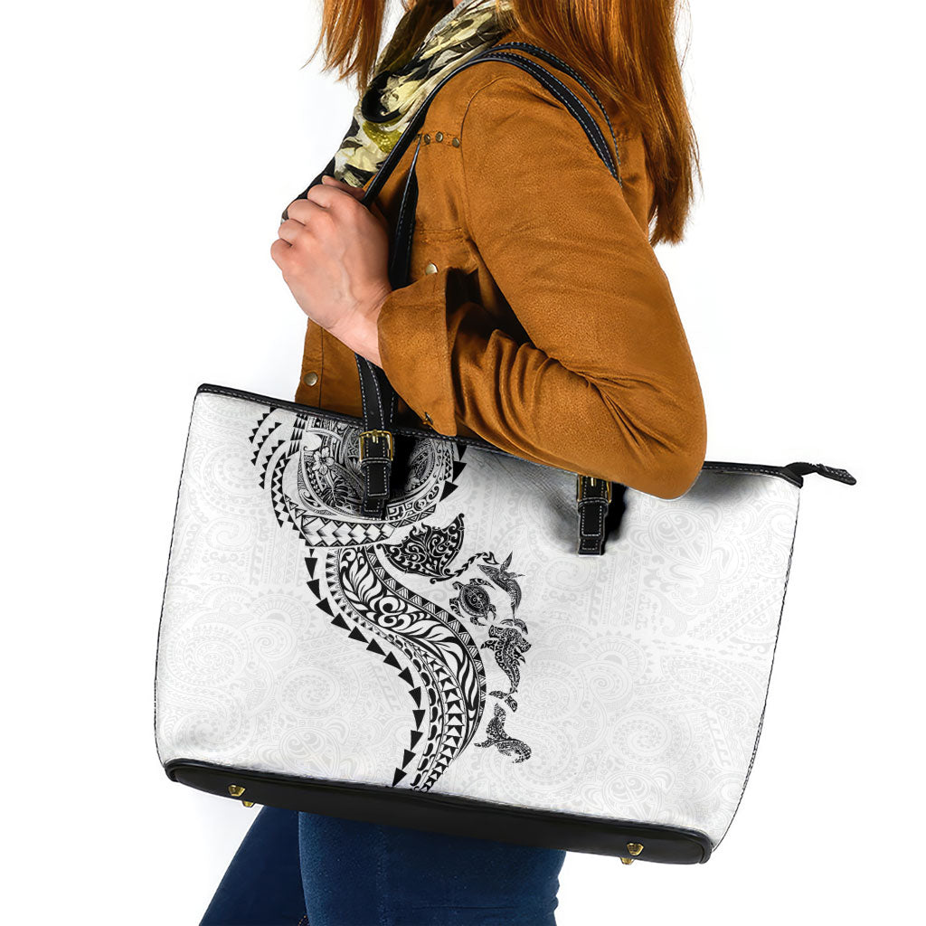 Hawaiian Kakau Tribal Sea Animals Tattoos Leather Tote Bag White Color LT03 White - Polynesian Pride