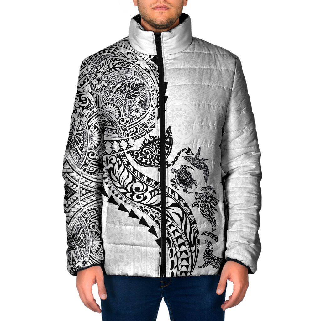 Hawaiian Kakau Tribal Sea Animals Tattoos Padded Jacket White Color