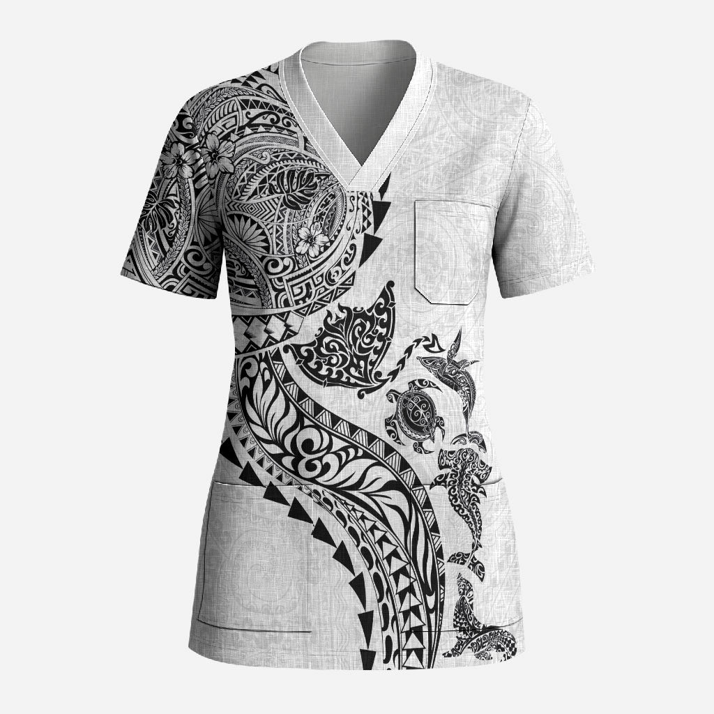 Hawaiian Kakau Tribal Sea Animals Tattoos Scrub Top White Color