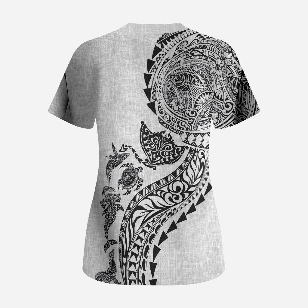 Hawaiian Kakau Tribal Sea Animals Tattoos Scrub Top White Color