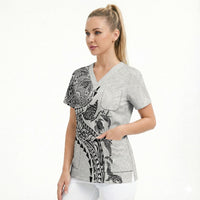 Hawaiian Kakau Tribal Sea Animals Tattoos Scrub Top White Color