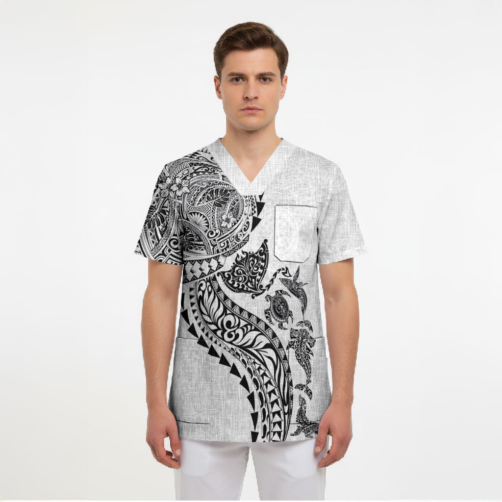 Hawaiian Kakau Tribal Sea Animals Tattoos Scrub Top White Color