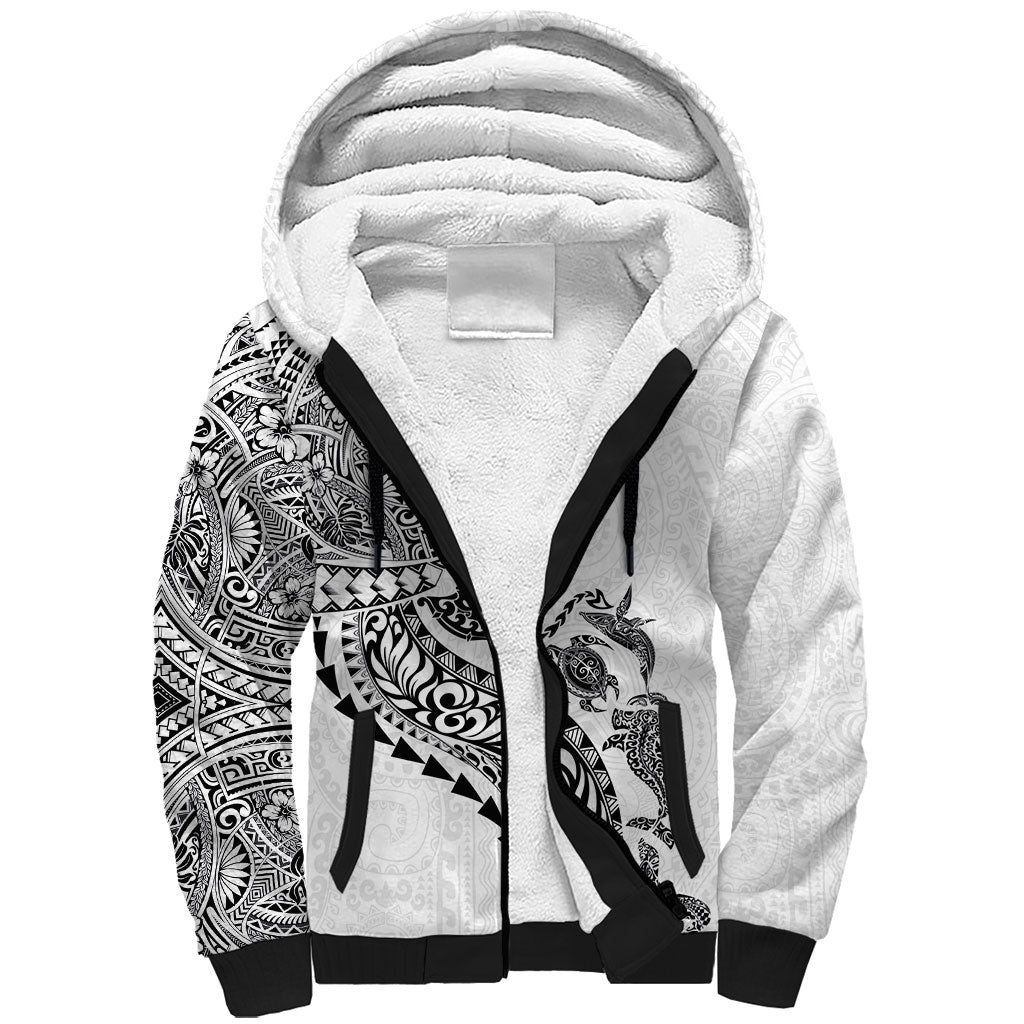 Hawaiian Kakau Tribal Sea Animals Tattoos Sherpa Hoodie White Color