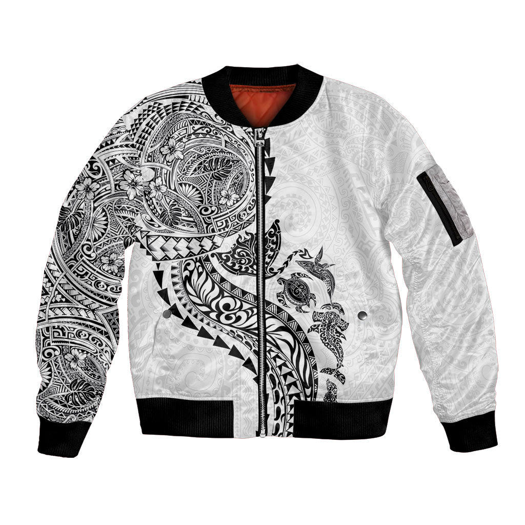 Hawaiian Kakau Tribal Sea Animals Tattoos Sleeve Zip Bomber Jacket White Color LT03 Unisex White - Polynesian Pride