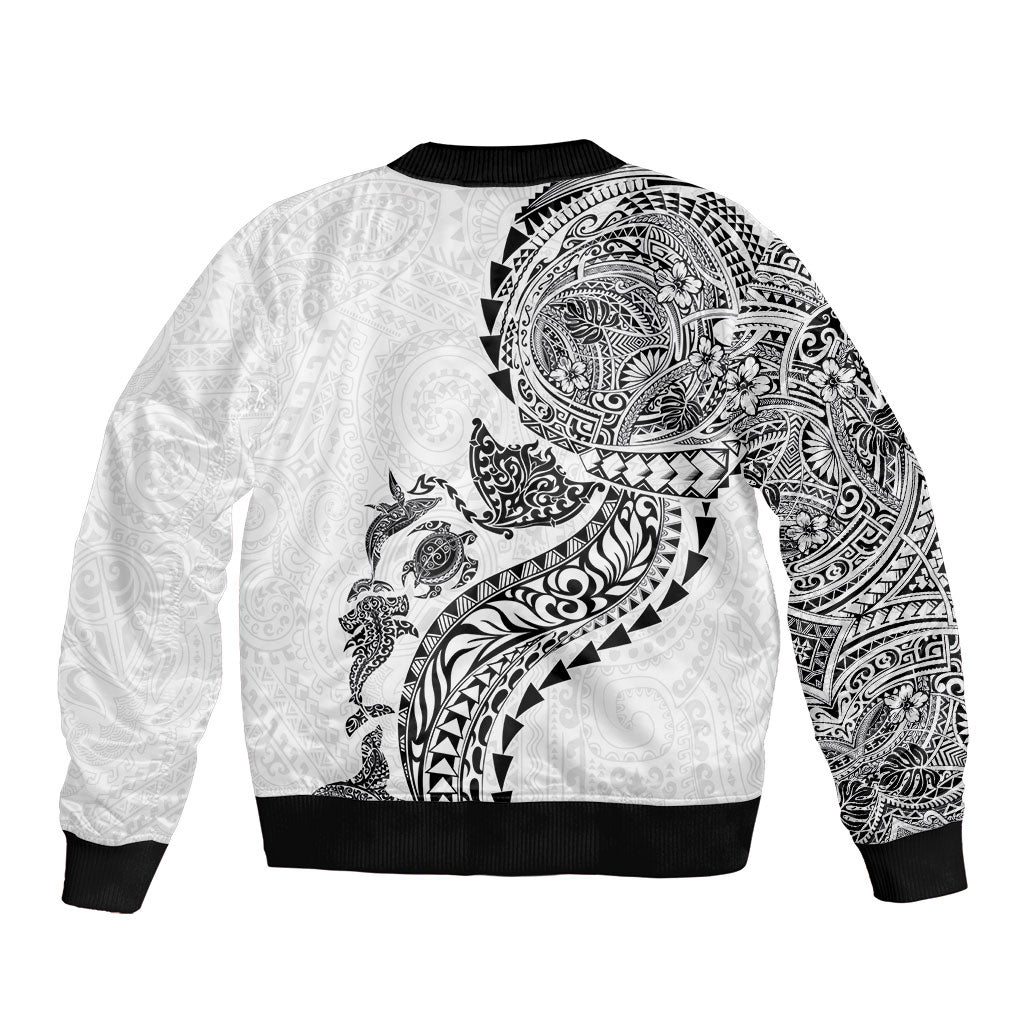 Hawaiian Kakau Tribal Sea Animals Tattoos Sleeve Zip Bomber Jacket White Color LT03 - Polynesian Pride