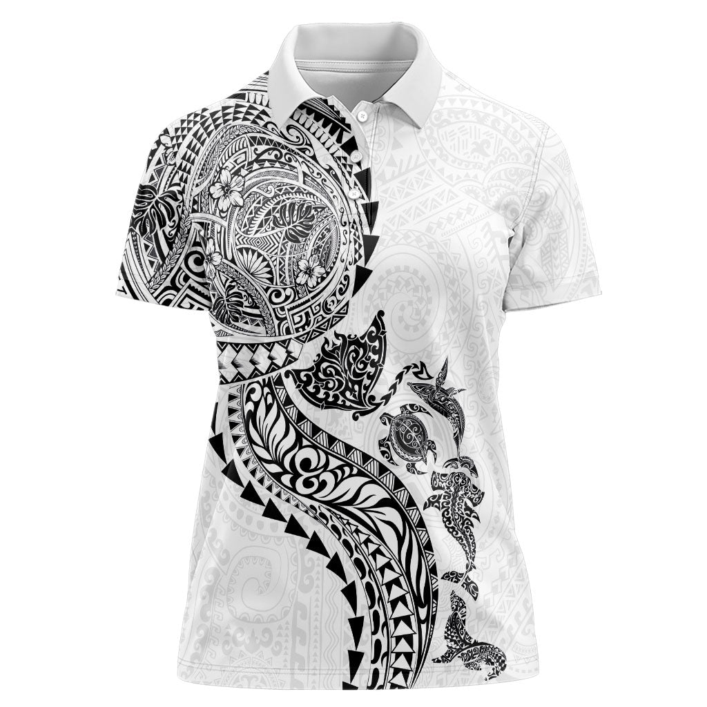 Hawaiian Kakau Tribal Sea Animals Tattoos Women Polo Shirt White Color LT03 Female White - Polynesian Pride
