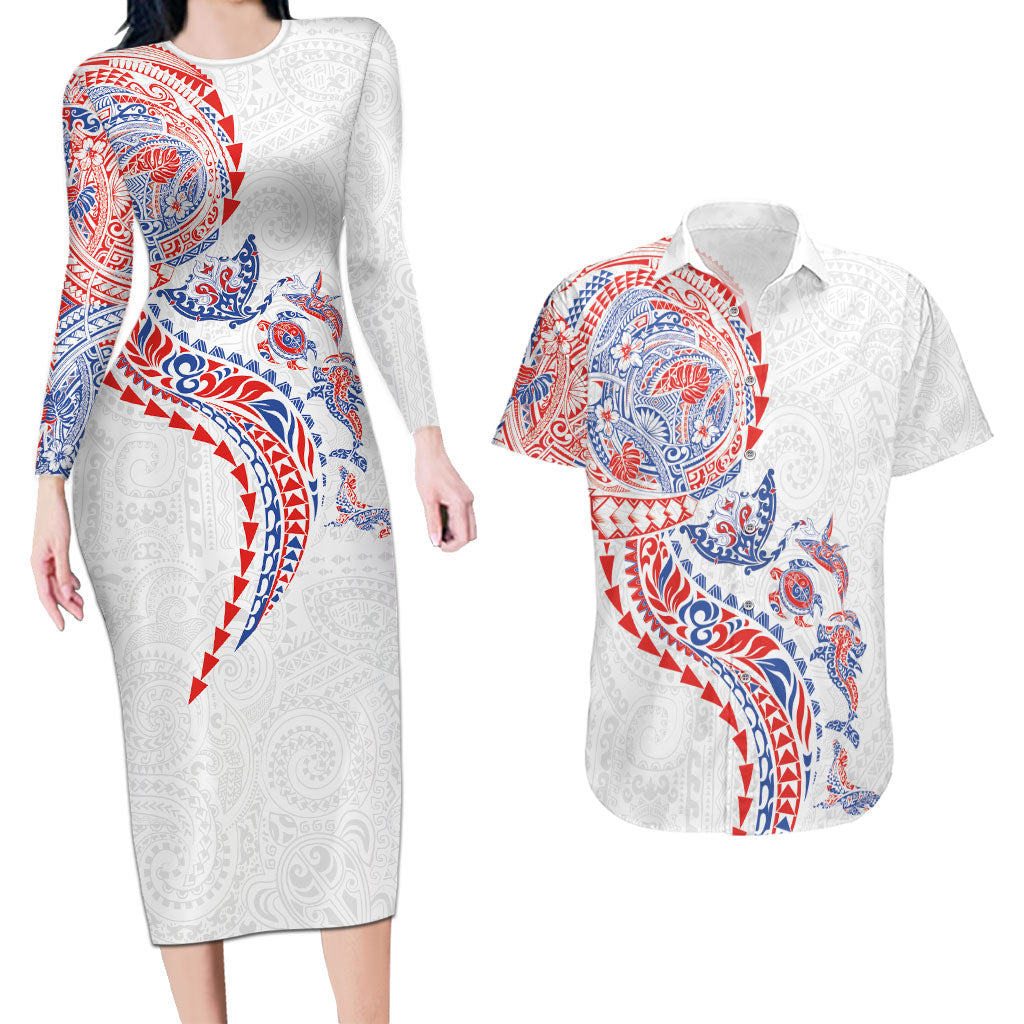 Hawaiian Kakau Tribal Sea Animals Tattoos Couples Matching Long Sleeve Bodycon Dress and Hawaiian Shirt Hawaii Flag Color Inspired LT03 Multicolor - Polynesian Pride
