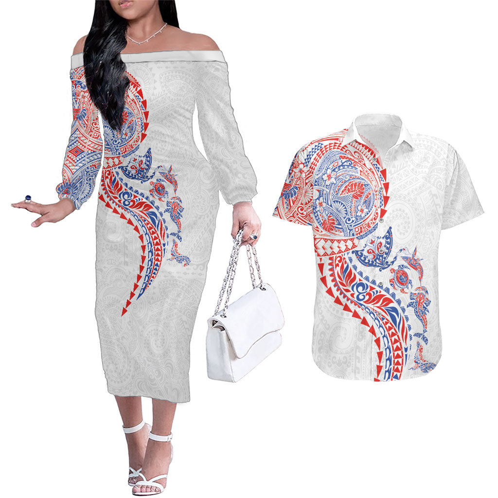 Hawaiian Kakau Tribal Sea Animals Tattoos Couples Matching Off The Shoulder Long Sleeve Dress and Hawaiian Shirt Hawaii Flag Color Inspired LT03 Multicolor - Polynesian Pride