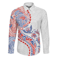 Hawaiian Kakau Tribal Sea Animals Tattoos Family Matching Off The Shoulder Long Sleeve Dress and Hawaiian Shirt Hawaii Flag Color Inspired LT03 Dad's Shirt - Long Sleeve Multicolor - Polynesian Pride