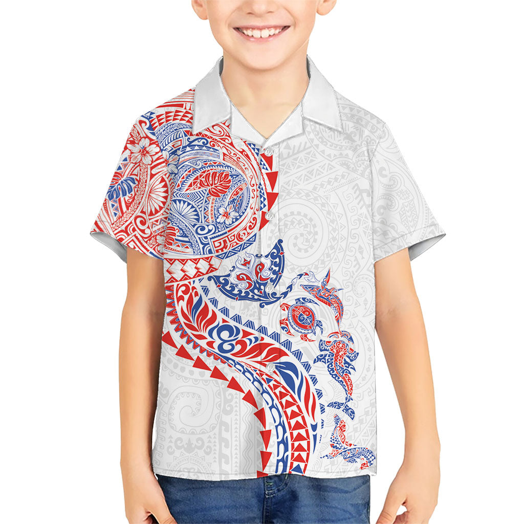 Hawaiian Kakau Tribal Sea Animals Tattoos Family Matching Off The Shoulder Long Sleeve Dress and Hawaiian Shirt Hawaii Flag Color Inspired LT03 Son's Shirt Multicolor - Polynesian Pride