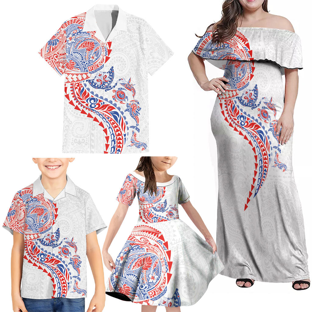 Hawaiian Kakau Tribal Sea Animals Tattoos Family Matching Off Shoulder Maxi Dress and Hawaiian Shirt Hawaii Flag Color Inspired
