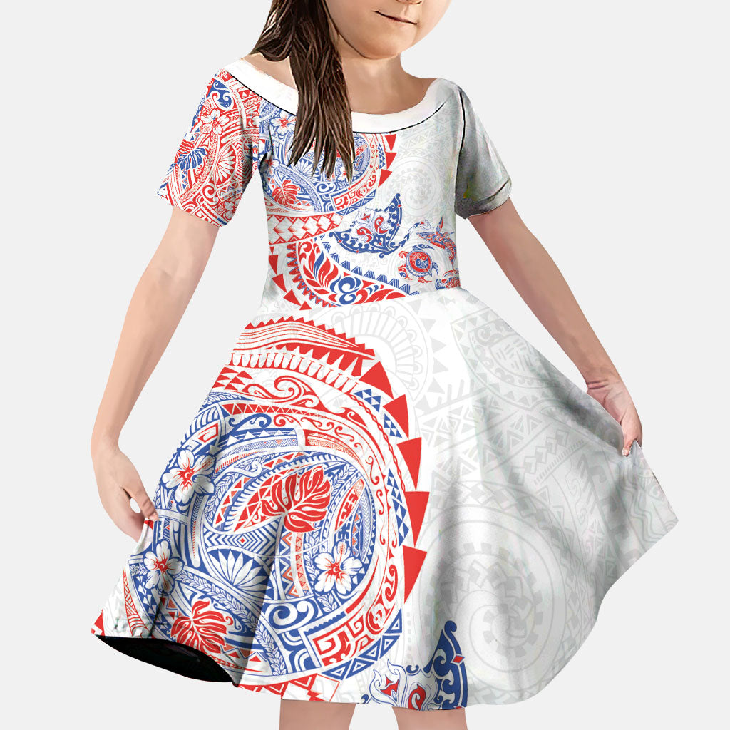 Hawaiian Kakau Tribal Sea Animals Tattoos Family Matching Off Shoulder Short Dress and Hawaiian Shirt Hawaii Flag Color Inspired LT03 Daughter's Dress Multicolor - Polynesian Pride